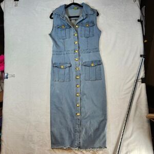 Daisy Light Wash Denim Sleeveless Button Down Midi Dress Gold Buttons XL DJ8674